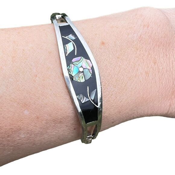 Vintage Alpaca‎ Mexico Women's Bracelet Abalone Shell Floral Silver Tone Signed - Picture 5 of 16